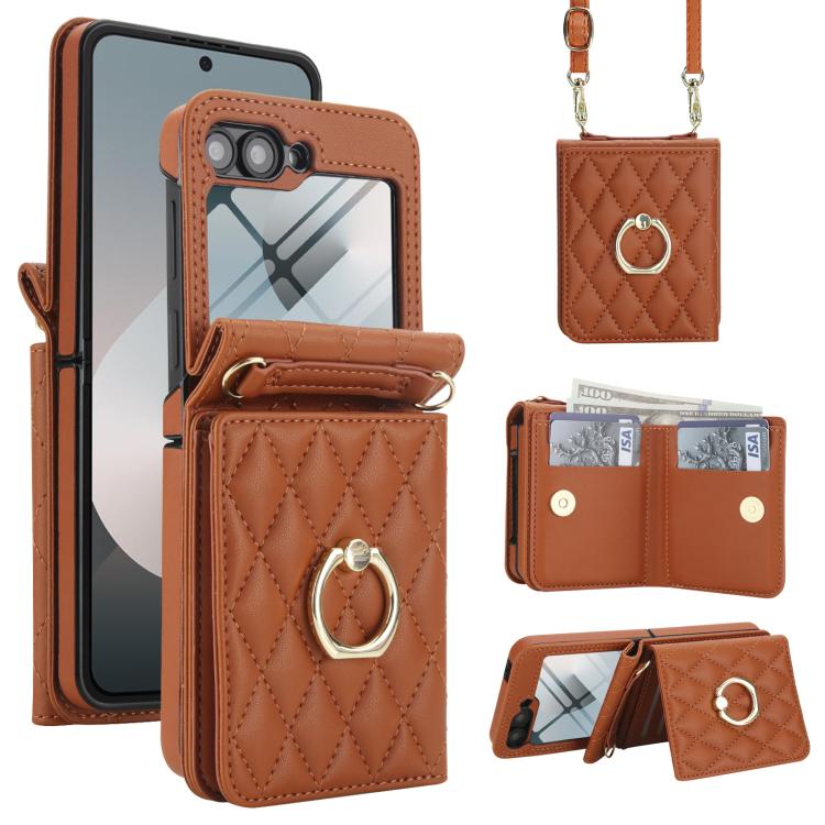Custodia per telefono con anello a trama romboidale integrato e tecnologia RFID, con cordino lungo., For Samsung Galaxy Z Flip5 5G, For Samsung Galaxy Z Flip4 5G, For Samsung Galaxy Z Flip3 5G