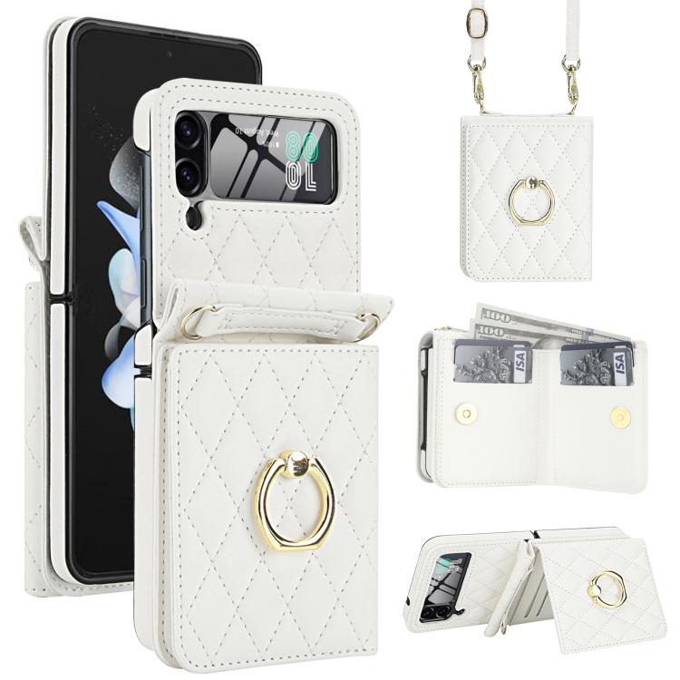 Custodia per telefono con anello a trama romboidale integrato e tecnologia RFID, con cordino lungo., For Samsung Galaxy Z Flip5 5G, For Samsung Galaxy Z Flip4 5G, For Samsung Galaxy Z Flip3 5G