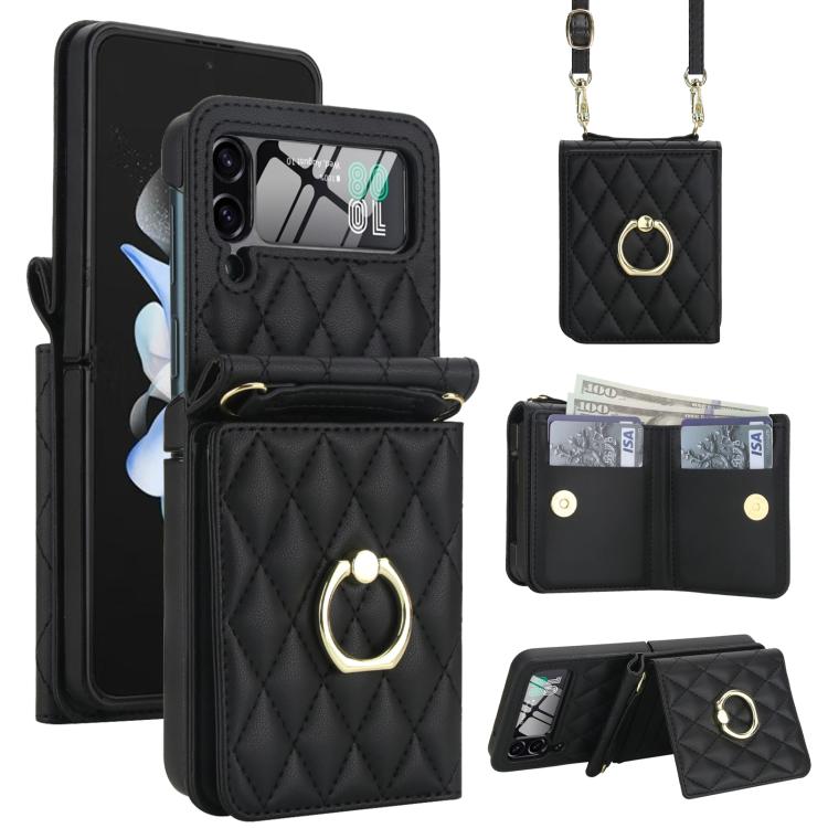 Custodia per telefono con anello a trama romboidale integrato e tecnologia RFID, con cordino lungo., For Samsung Galaxy Z Flip5 5G, For Samsung Galaxy Z Flip4 5G, For Samsung Galaxy Z Flip3 5G
