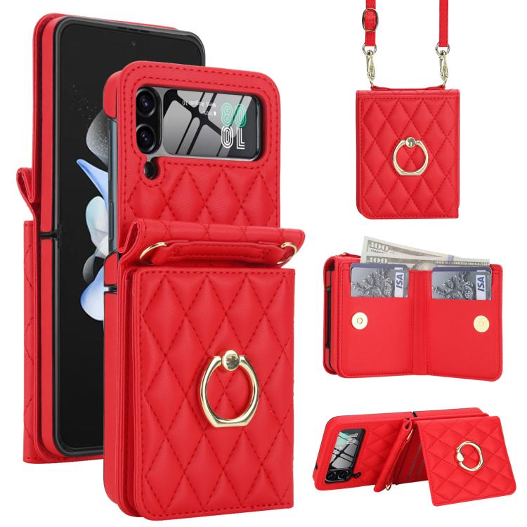 Custodia per telefono con anello a trama romboidale integrato e tecnologia RFID, con cordino lungo., For Samsung Galaxy Z Flip5 5G, For Samsung Galaxy Z Flip4 5G, For Samsung Galaxy Z Flip3 5G