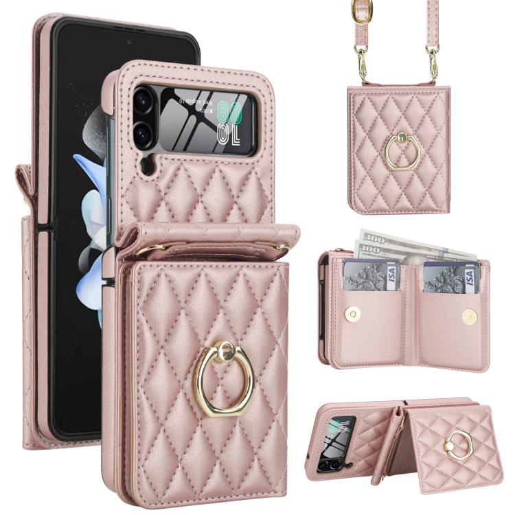 Custodia per telefono con anello a trama romboidale integrato e tecnologia RFID, con cordino lungo., For Samsung Galaxy Z Flip5 5G, For Samsung Galaxy Z Flip4 5G, For Samsung Galaxy Z Flip3 5G