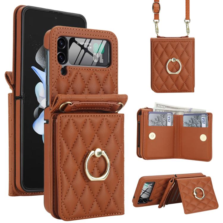 Custodia per telefono con anello a trama romboidale integrato e tecnologia RFID, con cordino lungo., For Samsung Galaxy Z Flip5 5G, For Samsung Galaxy Z Flip4 5G, For Samsung Galaxy Z Flip3 5G