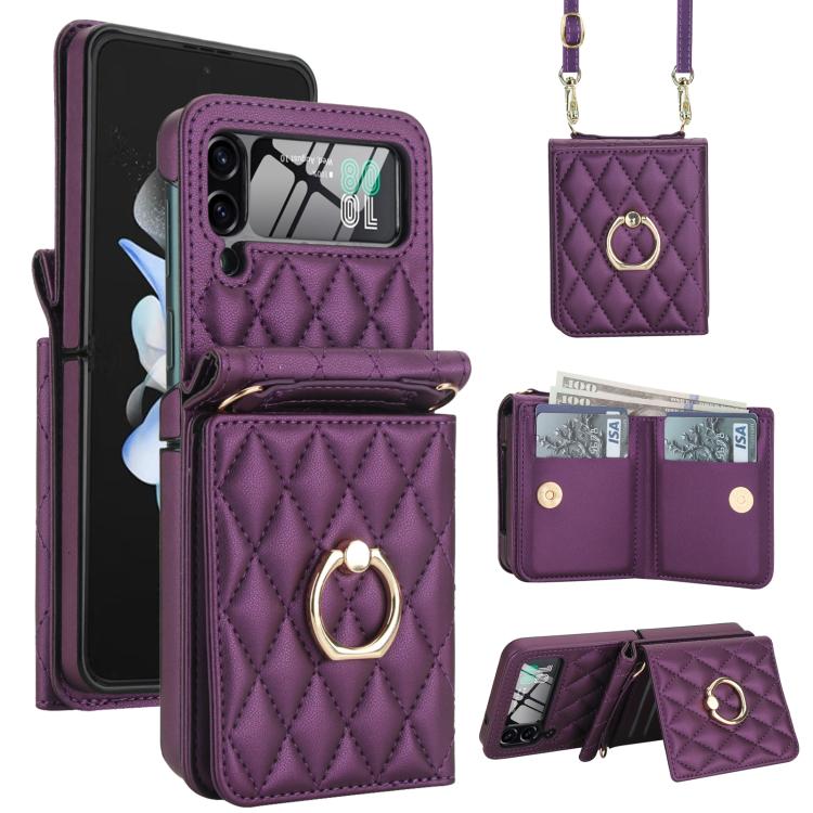 Custodia per telefono con anello a trama romboidale integrato e tecnologia RFID, con cordino lungo., For Samsung Galaxy Z Flip5 5G, For Samsung Galaxy Z Flip4 5G, For Samsung Galaxy Z Flip3 5G