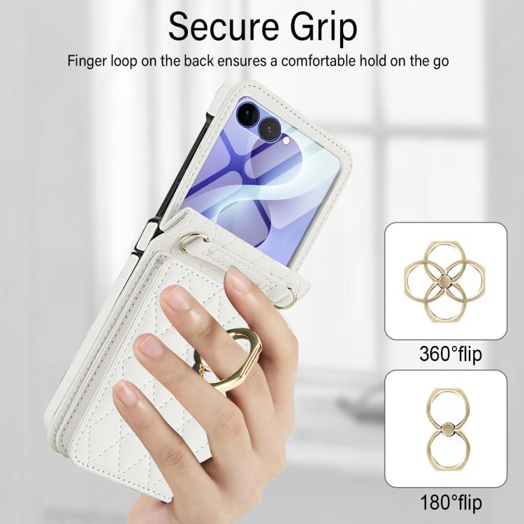 Custodia per telefono con anello a trama romboidale integrato e tecnologia RFID, con cordino lungo., For Galaxy Z Flip8 5G, For Samsung Galaxy Z Flip7 5G, For Samsung Galaxy Z Flip6 5G