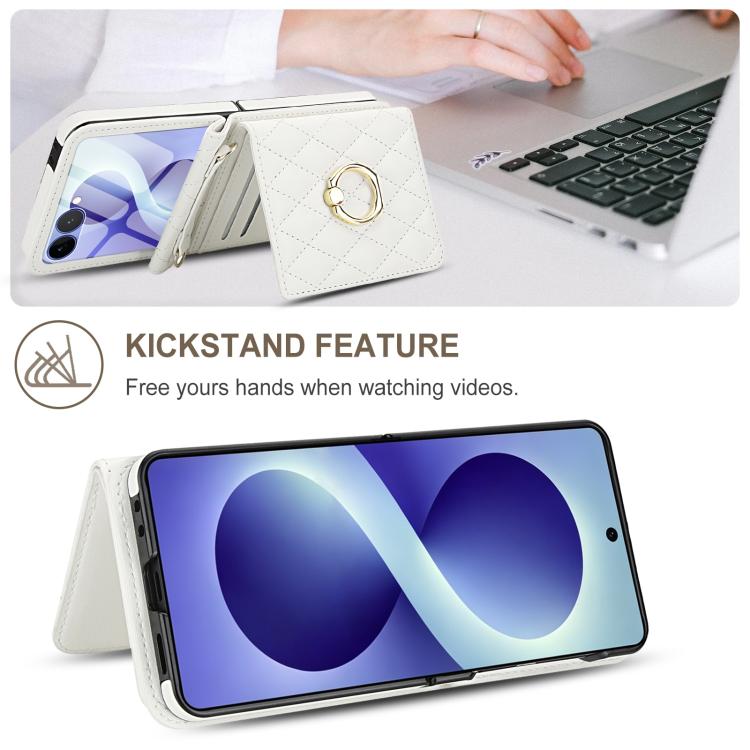 Custodia per telefono con anello a trama romboidale integrato e tecnologia RFID, con cordino lungo., For Galaxy Z Flip8 5G, For Samsung Galaxy Z Flip7 5G, For Samsung Galaxy Z Flip6 5G