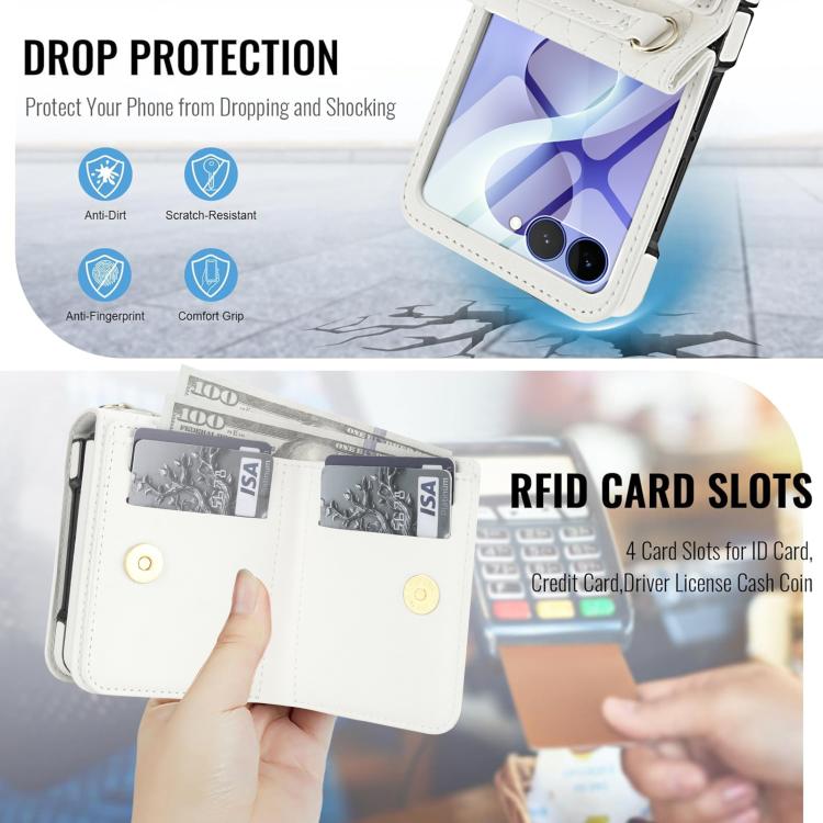 Custodia per telefono con anello a trama romboidale integrato e tecnologia RFID, con cordino lungo., For Galaxy Z Flip8 5G, For Samsung Galaxy Z Flip7 5G, For Samsung Galaxy Z Flip6 5G
