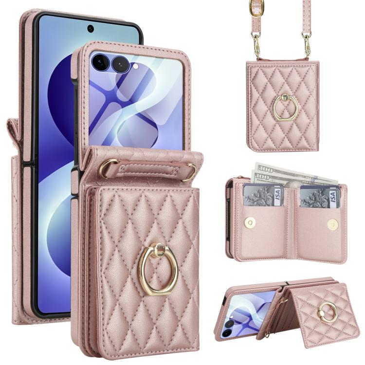 Custodia per telefono con anello a trama romboidale integrato e tecnologia RFID, con cordino lungo., For Galaxy Z Flip8 5G, For Samsung Galaxy Z Flip7 5G, For Samsung Galaxy Z Flip6 5G