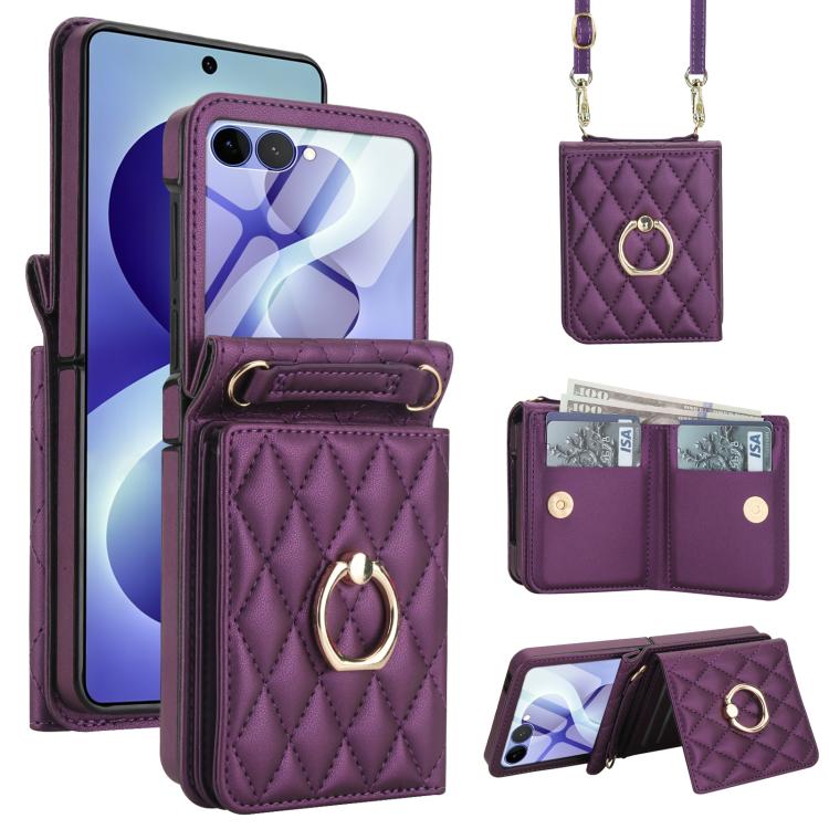 Custodia per telefono con anello a trama romboidale integrato e tecnologia RFID, con cordino lungo., For Galaxy Z Flip8 5G, For Samsung Galaxy Z Flip7 5G, For Samsung Galaxy Z Flip6 5G