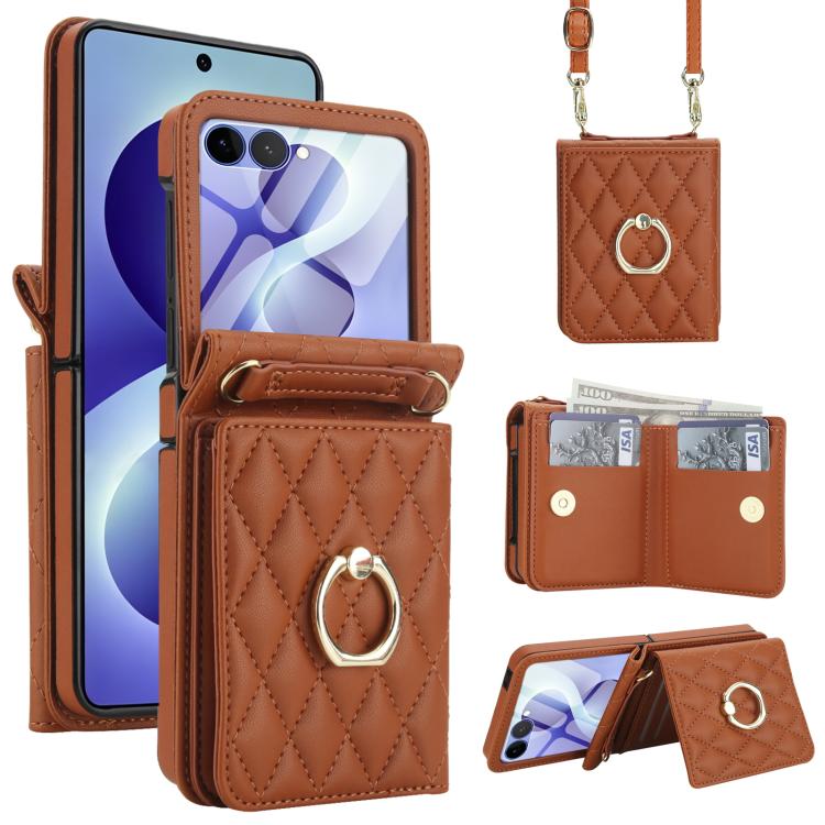 Custodia per telefono con anello a trama romboidale integrato e tecnologia RFID, con cordino lungo., For Galaxy Z Flip8 5G, For Samsung Galaxy Z Flip7 5G, For Samsung Galaxy Z Flip6 5G