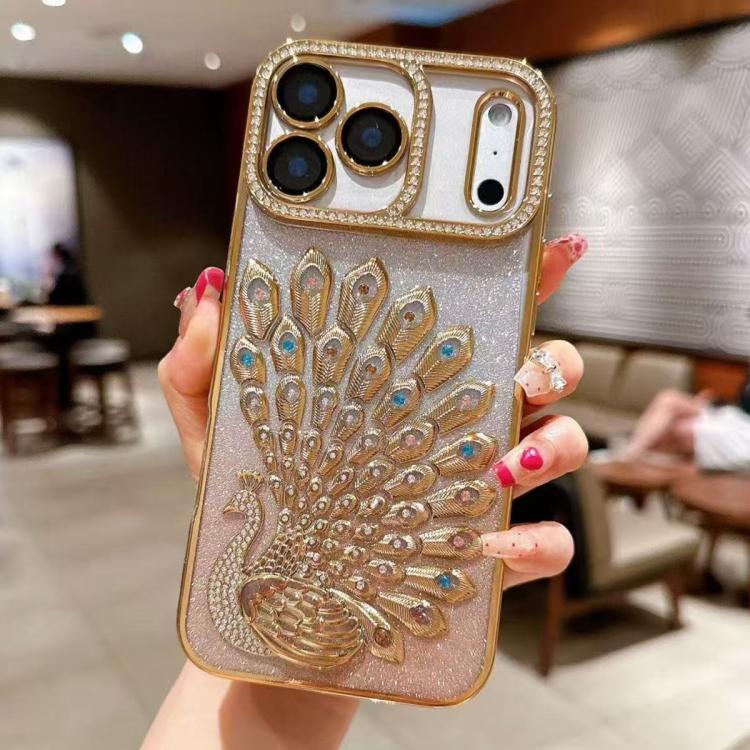 Custodia per telefono in TPU galvanizzato con effetto pavone in rilievo e strass glitterati, con pellicola protettiva per l'obiettivo., For iPhone 17 Pro Max, For iPhone 17 Pro, For iPhone 17, For iPhone 16 Pro Max
