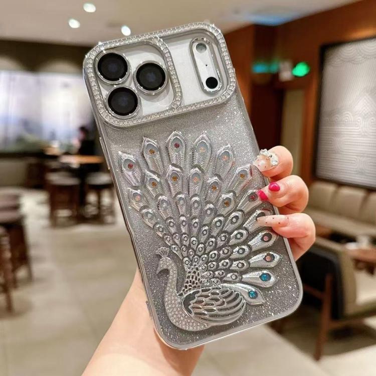 Custodia per telefono in TPU galvanizzato con effetto pavone in rilievo e strass glitterati, con pellicola protettiva per l'obiettivo., For iPhone 17 Pro Max, For iPhone 17 Pro, For iPhone 17, For iPhone 16 Pro Max