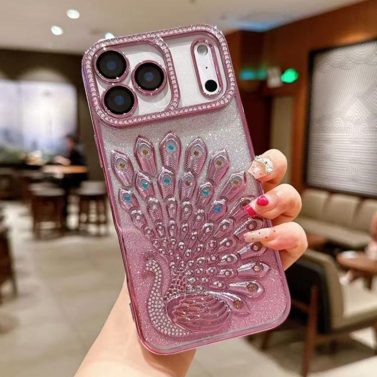 Custodia per telefono in TPU galvanizzato con effetto pavone in rilievo e strass glitterati, con pellicola protettiva per l'obiettivo., For iPhone 17 Pro Max, For iPhone 17 Pro, For iPhone 17, For iPhone 16 Pro Max