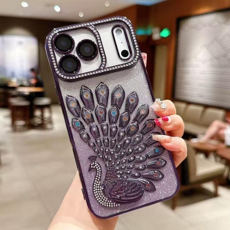 Custodia per telefono in TPU galvanizzato con effetto pavone in rilievo e strass glitterati, con pellicola protettiva per l'obiettivo., For iPhone 17 Pro Max, For iPhone 17 Pro, For iPhone 17, For iPhone 16 Pro Max