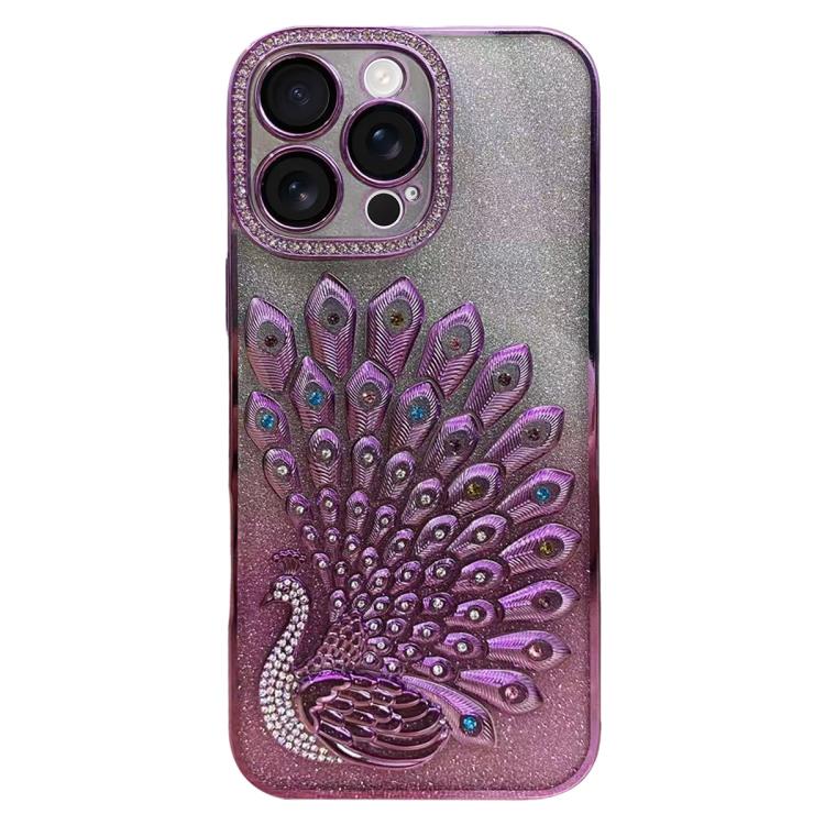 Custodia per telefono in TPU galvanizzato con effetto pavone in rilievo e strass glitterati, con pellicola protettiva per l'obiettivo., For iPhone 17 Pro Max, For iPhone 17 Pro, For iPhone 17, For iPhone 16 Pro Max