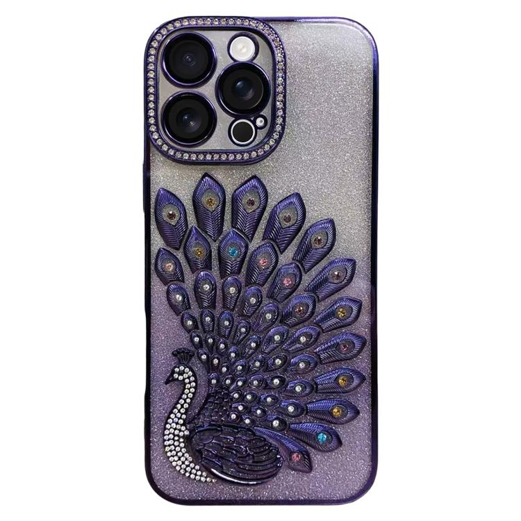 Custodia per telefono in TPU galvanizzato con effetto pavone in rilievo e strass glitterati, con pellicola protettiva per l'obiettivo., For iPhone 16 Pro, For iPhone 16 Plus, For iPhone 16, For iPhone 15 Pro Max