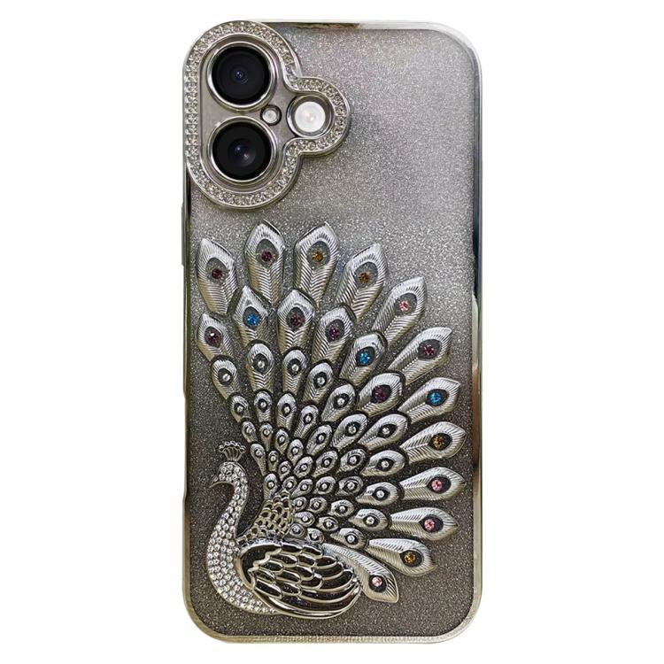 Custodia per telefono in TPU galvanizzato con effetto pavone in rilievo e strass glitterati, con pellicola protettiva per l'obiettivo., For iPhone 16 Pro, For iPhone 16 Plus, For iPhone 16, For iPhone 15 Pro Max