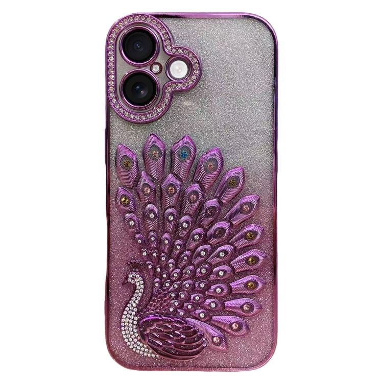 Custodia per telefono in TPU galvanizzato con effetto pavone in rilievo e strass glitterati, con pellicola protettiva per l'obiettivo., For iPhone 16 Pro, For iPhone 16 Plus, For iPhone 16, For iPhone 15 Pro Max
