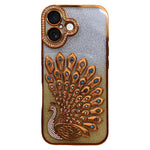 Custodia per telefono in TPU galvanizzato con effetto pavone in rilievo e strass glitterati, con pellicola protettiva per l'obiettivo., For iPhone 16 Pro, For iPhone 16 Plus, For iPhone 16, For iPhone 15 Pro Max