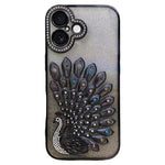 Custodia per telefono in TPU galvanizzato con effetto pavone in rilievo e strass glitterati, con pellicola protettiva per l'obiettivo., For iPhone 16 Pro, For iPhone 16 Plus, For iPhone 16, For iPhone 15 Pro Max