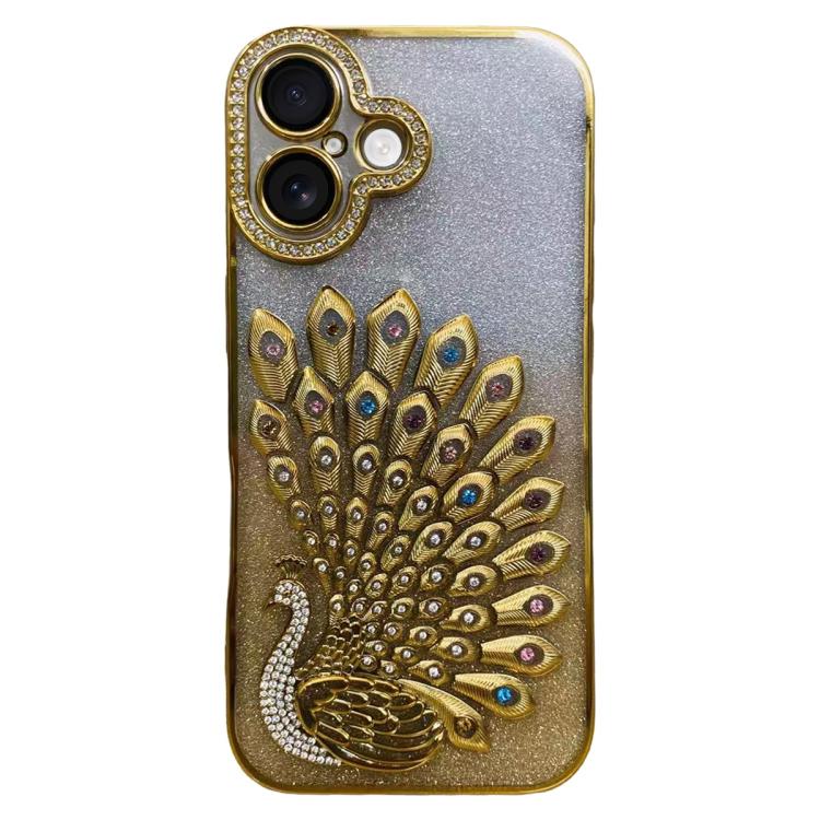 Custodia per telefono in TPU galvanizzato con effetto pavone in rilievo e strass glitterati, con pellicola protettiva per l'obiettivo., For iPhone 16 Pro, For iPhone 16 Plus, For iPhone 16, For iPhone 15 Pro Max