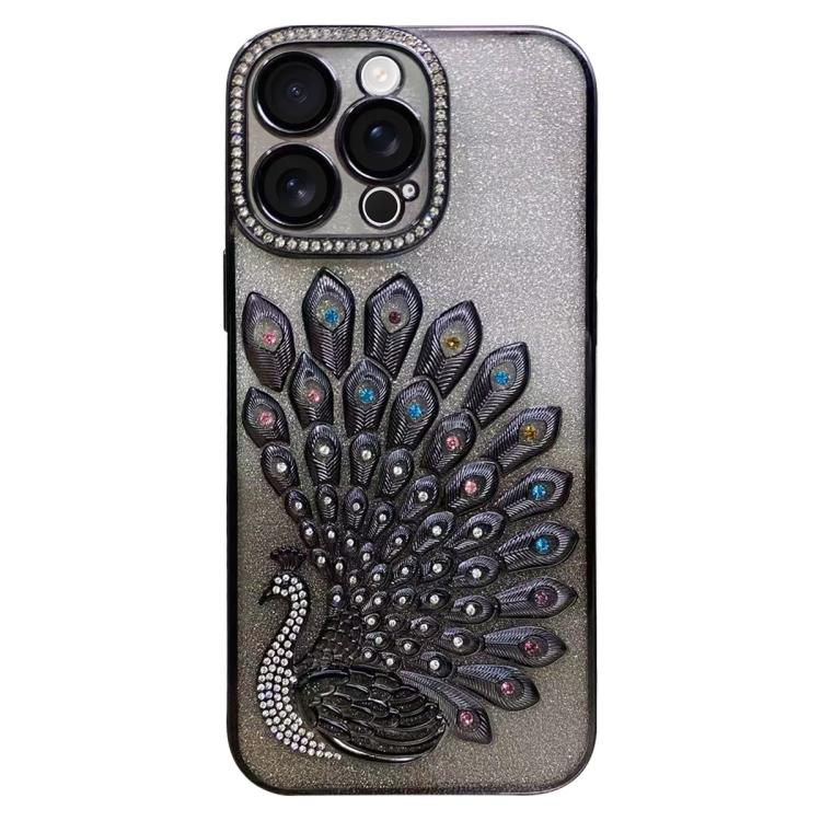 Custodia per telefono in TPU galvanizzato con effetto pavone in rilievo e strass glitterati, con pellicola protettiva per l'obiettivo., For iPhone 15 Pro, For iPhone 15, For iPhone 14, For iPhone 14 Pro