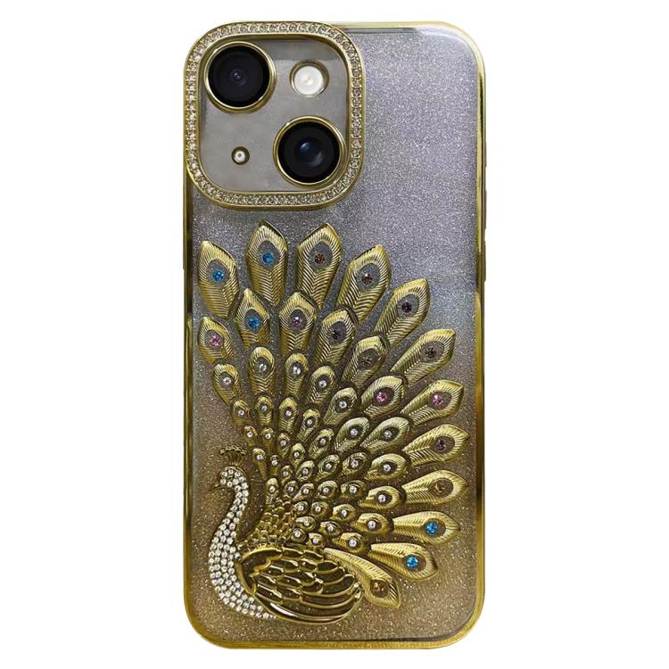 Custodia per telefono in TPU galvanizzato con effetto pavone in rilievo e strass glitterati, con pellicola protettiva per l'obiettivo., For iPhone 15 Pro, For iPhone 15, For iPhone 14, For iPhone 14 Pro