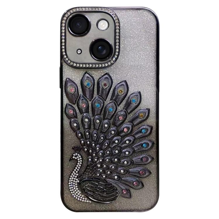 Custodia per telefono in TPU galvanizzato con effetto pavone in rilievo e strass glitterati, con pellicola protettiva per l'obiettivo., For iPhone 15 Pro, For iPhone 15, For iPhone 14, For iPhone 14 Pro