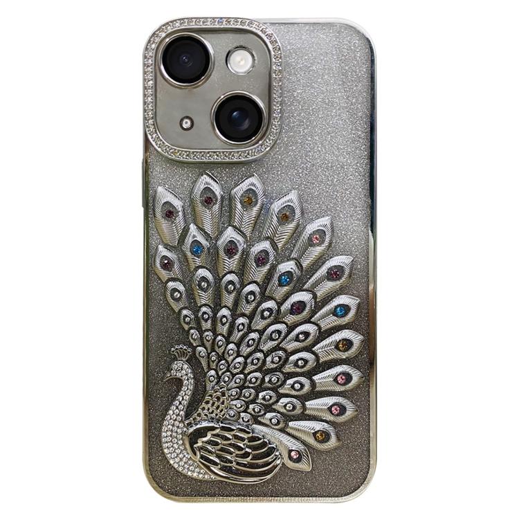 Custodia per telefono in TPU galvanizzato con effetto pavone in rilievo e strass glitterati, con pellicola protettiva per l'obiettivo., For iPhone 15 Pro, For iPhone 15, For iPhone 14, For iPhone 14 Pro
