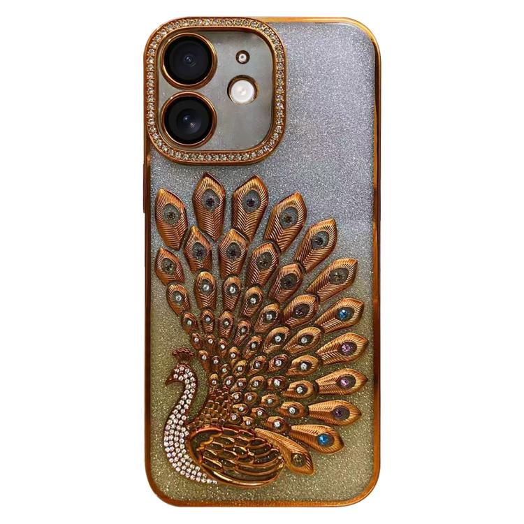 Custodia per telefono in TPU galvanizzato con effetto pavone in rilievo e strass glitterati, con pellicola protettiva per l'obiettivo., For iPhone 11