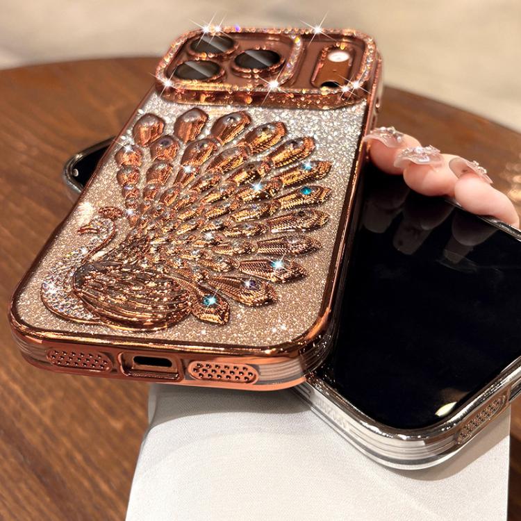 Custodia per telefono in TPU galvanizzato con effetto pavone in rilievo e strass glitterati, con pellicola protettiva per l'obiettivo., For iPhone 15 Pro, For iPhone 15, For iPhone 14, For iPhone 14 Pro