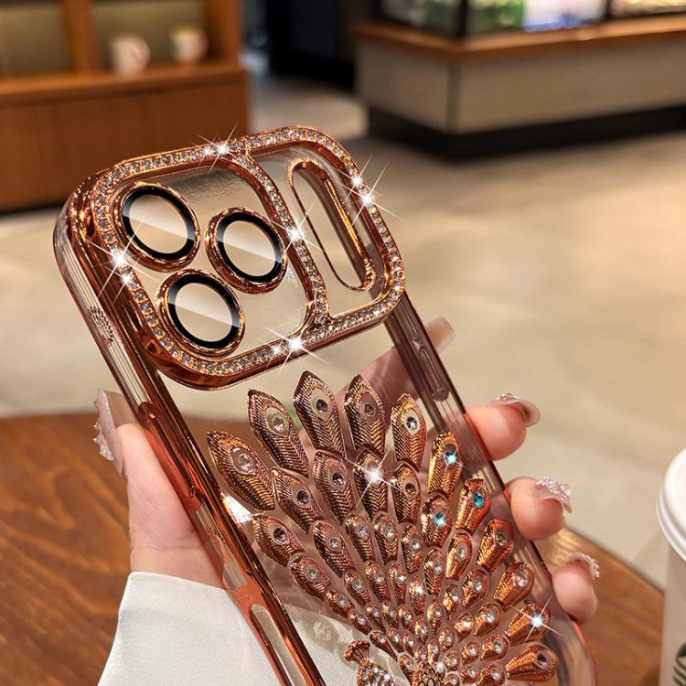 Custodia per telefono in TPU galvanizzato con effetto pavone in rilievo e strass glitterati, con pellicola protettiva per l'obiettivo., For iPhone 11