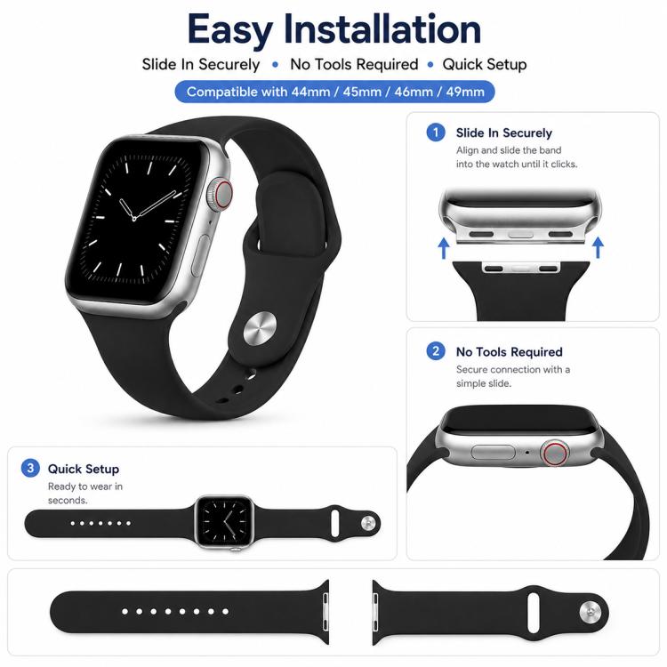Confezione da 5 cinturini per orologio sportivo in silicone tinta unita xDfin, For Apple Watch 42 / 44 / 45 / 46 / 49mm, For Apple Watch 38 / 40 / 41 / S11 42mm