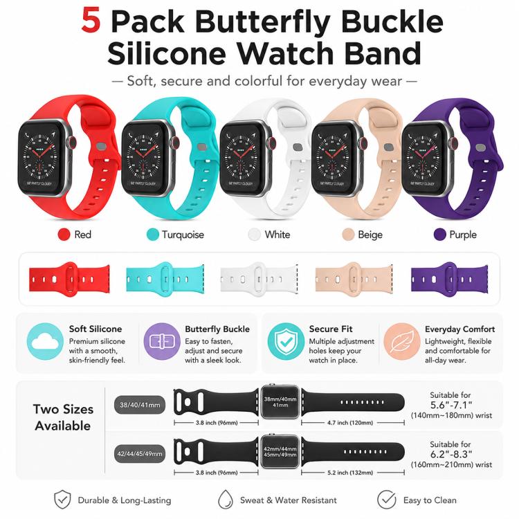 Confezione da 5 cinturini per orologio in silicone con fibbia a farfalla xDfind, For Apple Watch 42 / 44 / 45 / 46 / 49mm, For Apple Watch 38 / 40 / 41 / S11 42mm