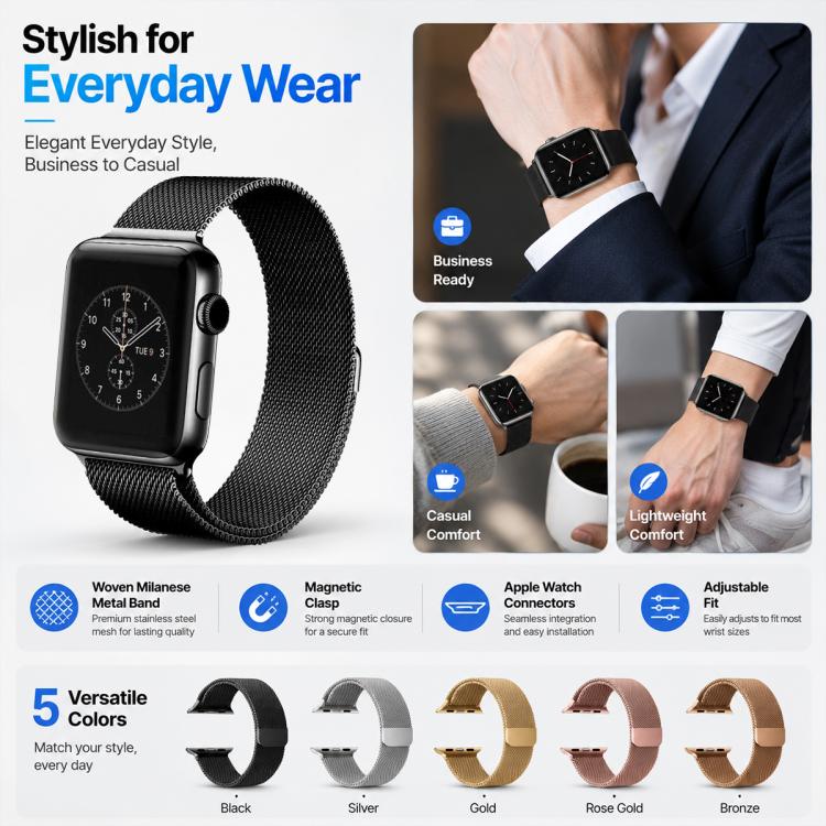 Confezione da 5 cinturini per orologio xDfind Milanese Loop con chiusura magnetica in metallo, For Apple Watch 42 / 44 / 45 / 46 / 49mm, For Apple Watch 38 / 40 / 41 / S11 42mm