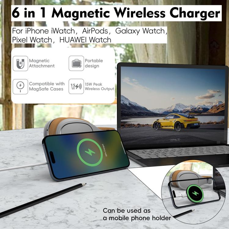 Caricabatterie wireless magnetico multifunzione da 15 W con supporto pieghevole
