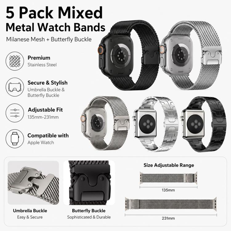 Confezione da 5 cinturini per orologio misti con fibbia a ombrello xDfind, fibbia milanese e fibbia a farfalla., For Apple Watch 42 / 44 / 45 / 46 / 49mm, For Apple Watch 38 / 40 / 41 / S11 42mm