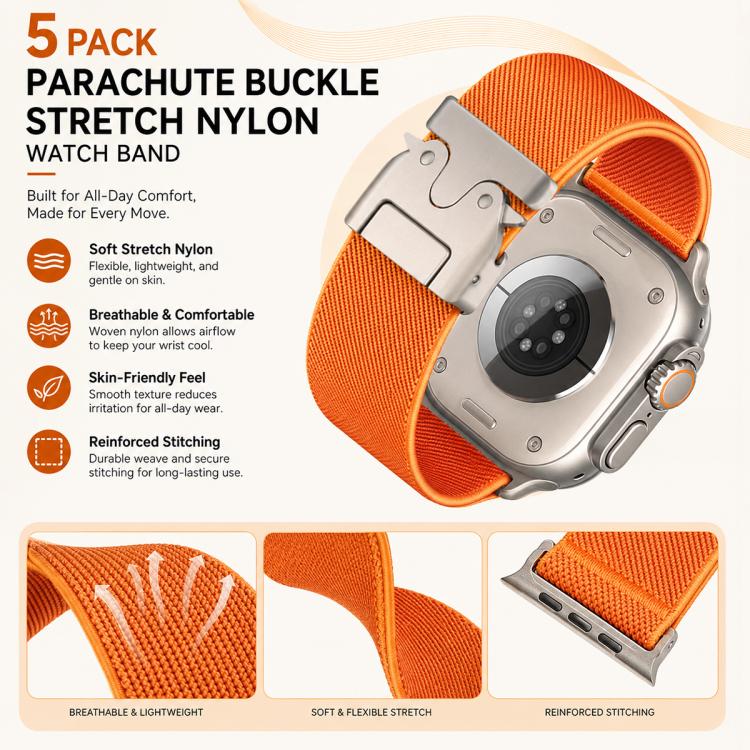 Confezione da 5 cinturini per orologio in nylon elasticizzato con fibbia a paracadute xDfind, For Apple Watch 42 / 44 / 45 / 46 / 49mm, For Apple Watch 38 / 40 / 41 / S11 42mm