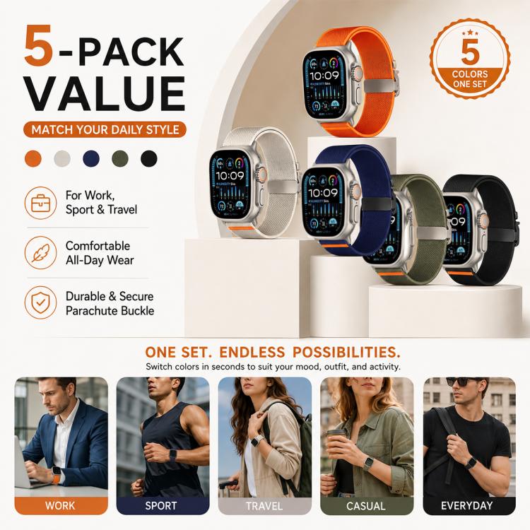 Confezione da 5 cinturini per orologio in nylon elasticizzato con fibbia a paracadute xDfind, For Apple Watch 42 / 44 / 45 / 46 / 49mm, For Apple Watch 38 / 40 / 41 / S11 42mm