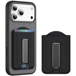Supporto pieghevole magnetico MagSafe con texture in pelle e scomparti per carte di credito.
