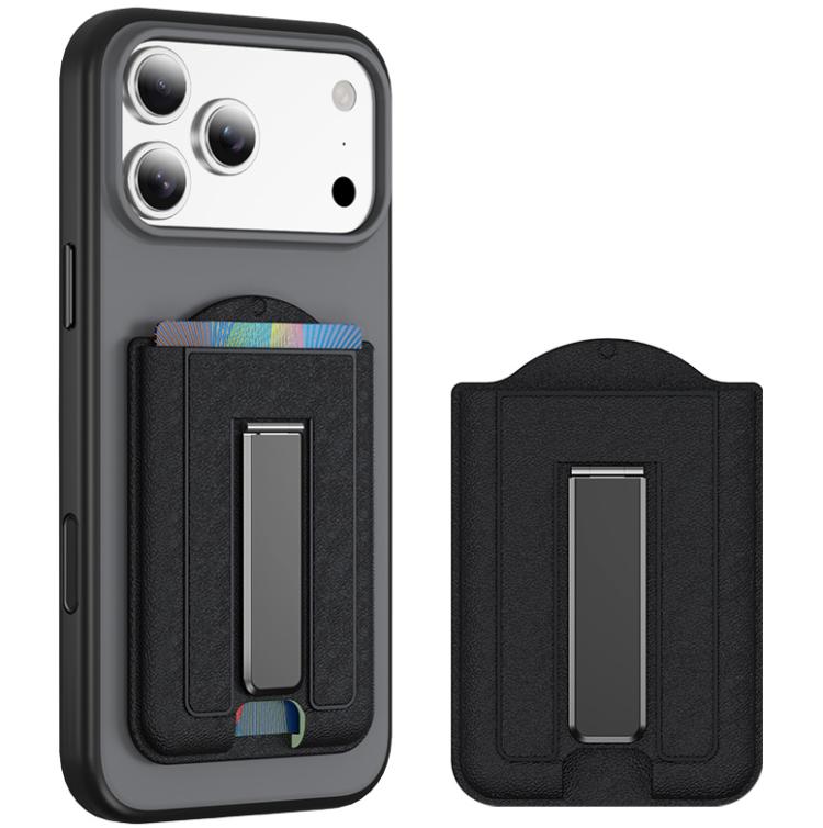 Supporto pieghevole magnetico MagSafe con texture in pelle e scomparti per carte di credito.
