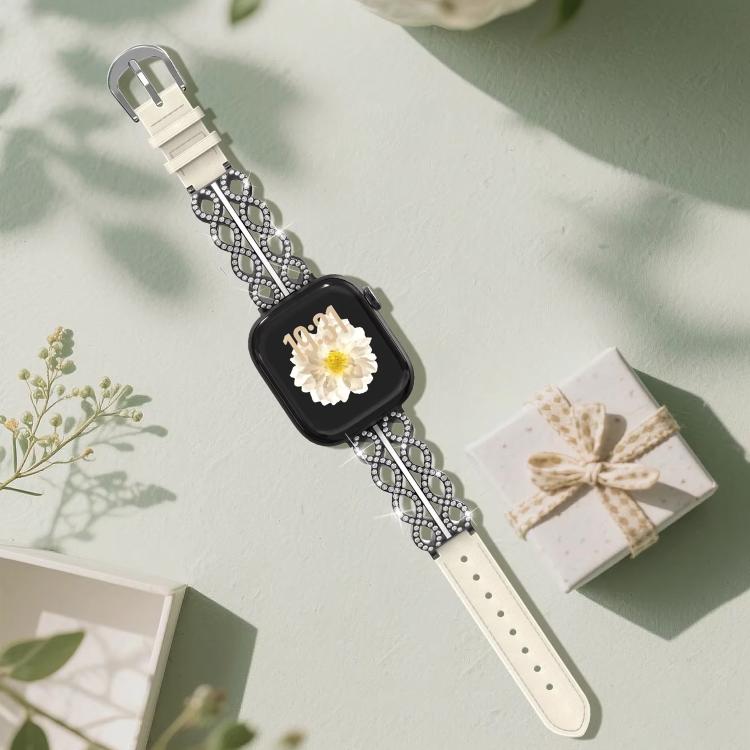 Cinturino per orologio xDfind ibrido in acciaio inossidabile con diamanti e vera pelle, For Apple Watch 42 / 44 / 45 / 46 / 49mm, For Apple Watch 38 / 40 / 41 / S11 42mm