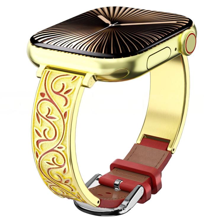 Cinturino per orologio ibrido in acciaio inossidabile con intaglio floreale retrò e vera pelle xDfind, For Apple Watch 42 / 44 / 45 / 46 / 49mm, For Apple Watch 38 / 40 / 41 / S11 42mm
