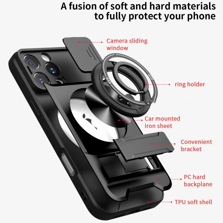 Custodia per telefono multifunzionale magnetica antiurto con finestra scorrevole per obiettivo., For iPhone 16 Pro, For iPhone 16 Plus, For iPhone 16, For iPhone 15 Pro Max