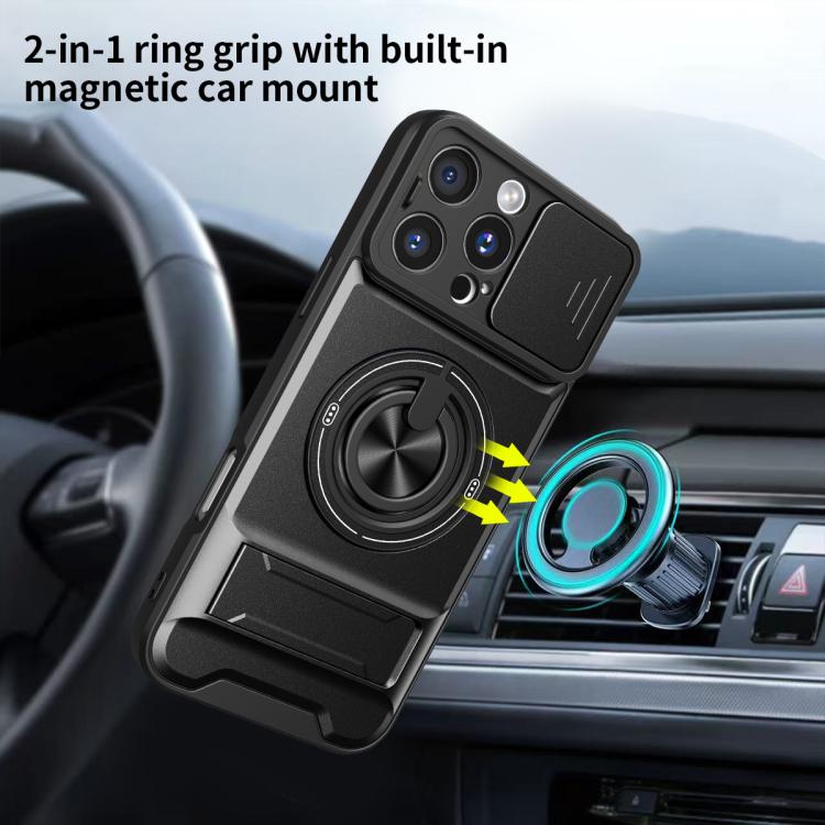 Custodia per telefono multifunzionale magnetica antiurto con finestra scorrevole per obiettivo., For iPhone 16 Pro, For iPhone 16 Plus, For iPhone 16, For iPhone 15 Pro Max