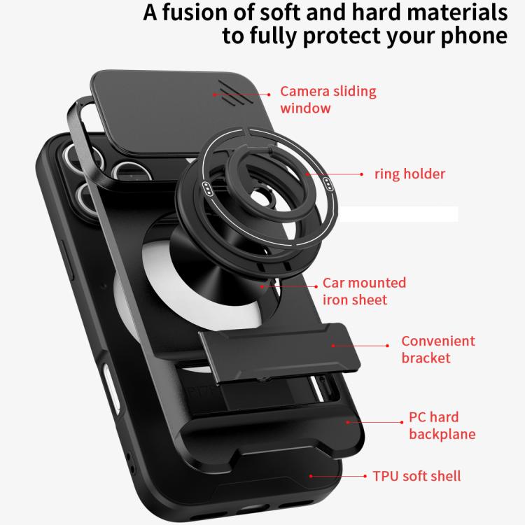 Custodia per telefono multifunzionale magnetica antiurto con finestra scorrevole per obiettivo., For iPhone 17 Pro, For iPhone 17, For iPhone Air, For iPhone 16 Pro Max