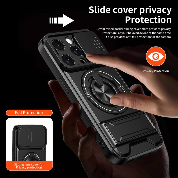 Custodia per telefono multifunzionale magnetica antiurto con finestra scorrevole per obiettivo., For iPhone 15 Pro, For iPhone 15, For iPhone 14 Plus, For iPhone 14