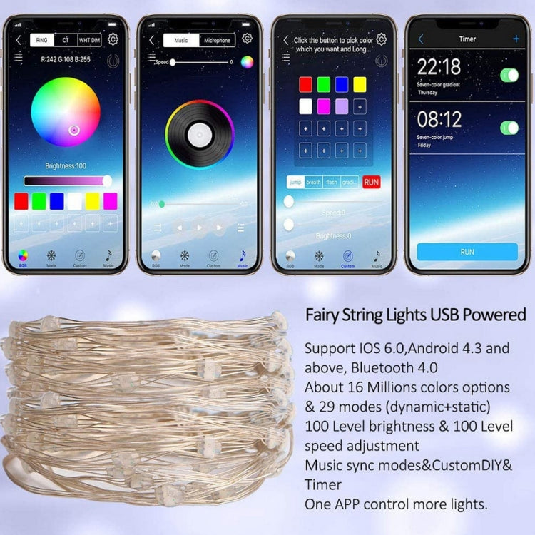 RGB USB LED Filo di rame Stringa luminosa Decorazione natalizia Stringa luminosa Controllo APP mobile Bluetooth, 2m 20 LED, 5m 50 LED, 10m 100 LED, 12m 120 LED, 15m 150 LED, 20m 200 LED