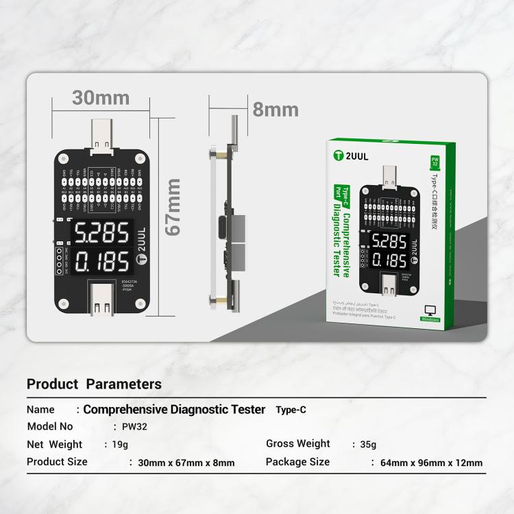 2UUL PW32 Tester diagnostico completo per porte Type-C con rilevamento della carica in tempo reale, 2UUL PW32