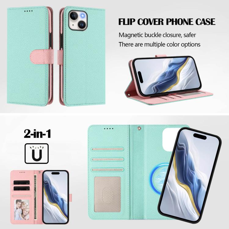 Custodia per telefono in ecopelle vegana con texture litchi rimovibile e chiusura magnetica laterale., For iPhone 14 Plus, For iPhone 14, For iPhone 14 Pro, For iPhone 14 Pro Max