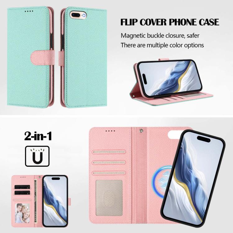 Custodia per telefono in ecopelle vegana con texture litchi rimovibile e chiusura magnetica laterale., For iPhone 8 Plus / 7 Plus